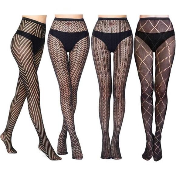 4 Women Patterned Fishnet Tights Black Fishnets Net Stockings Pantyhose - Picture 1 of 6
